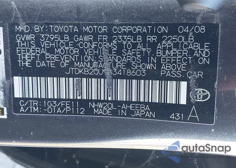 2008 Toyota Prius from USA, damaged, VIN JTDKB20U983418603